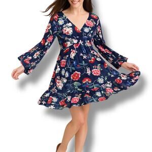 Betsey Johnson Bambi Garden Navy Floral Bell Sleeve Babydoll Mini Dress Size 6